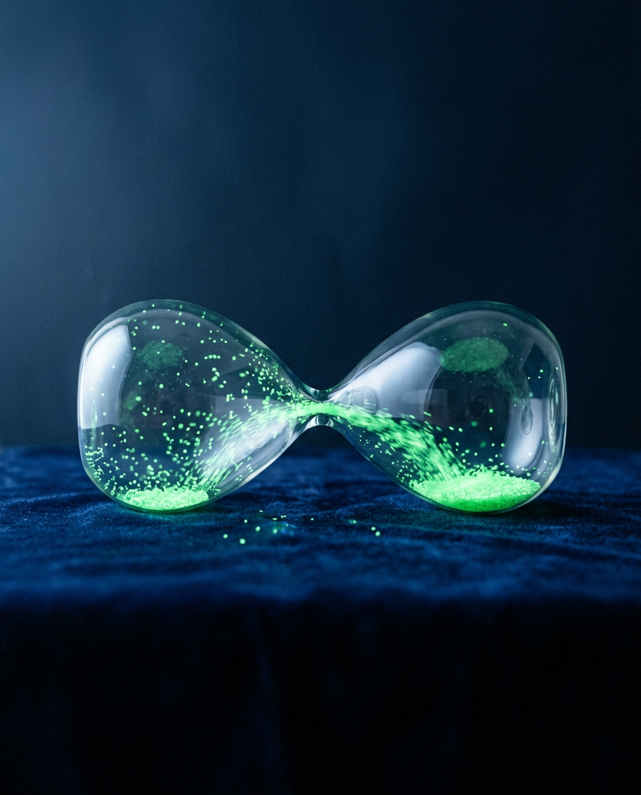 A glass hourglass lying on its side with glowing green particles flowing freely inside