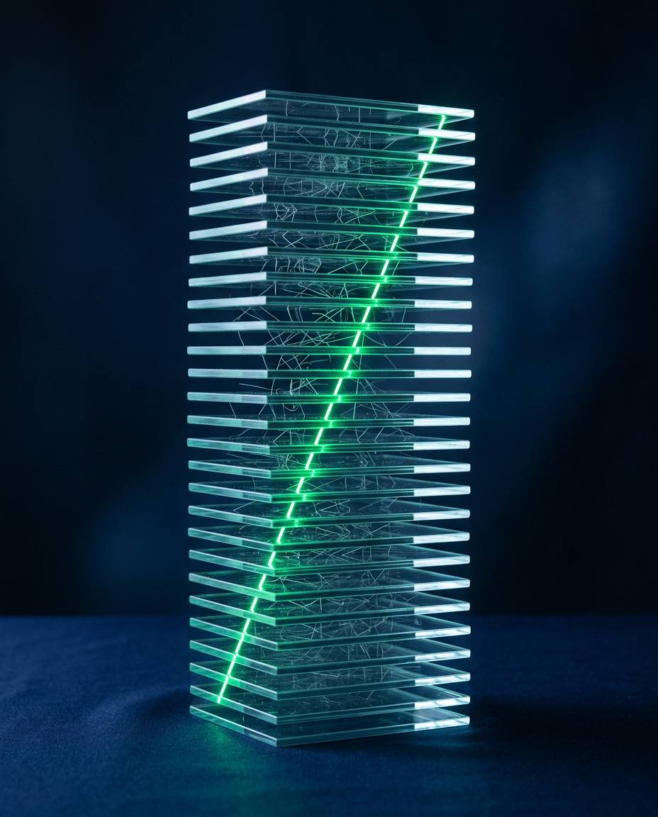 A stack of glass sheets aligned to reveal one glowing green upward line