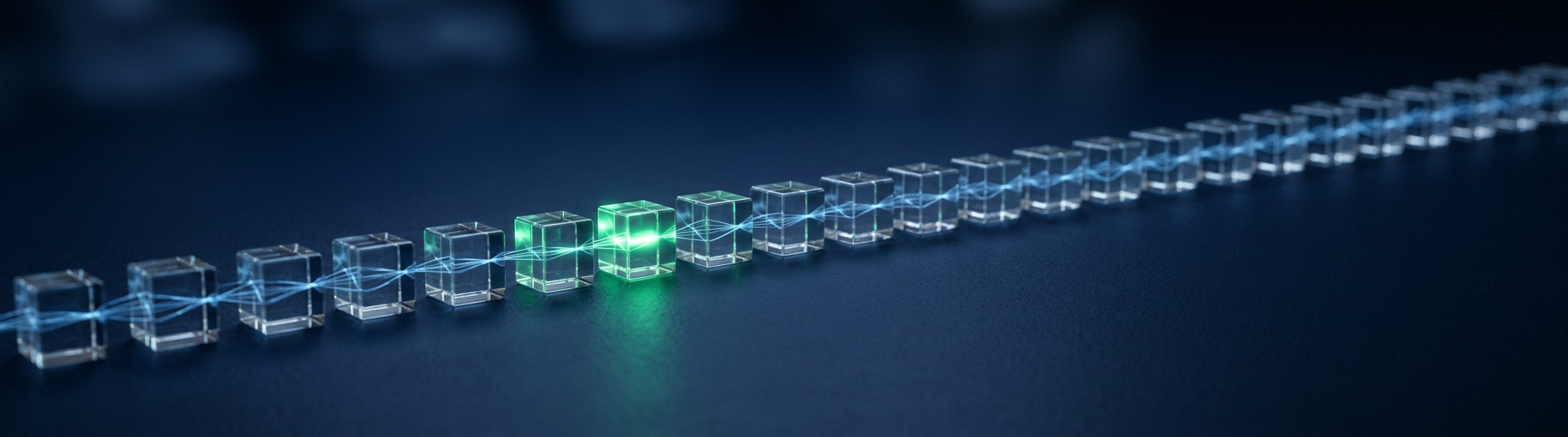 A long row of glass cubes linked by threads of blue light, with a pulse of green light moving along them