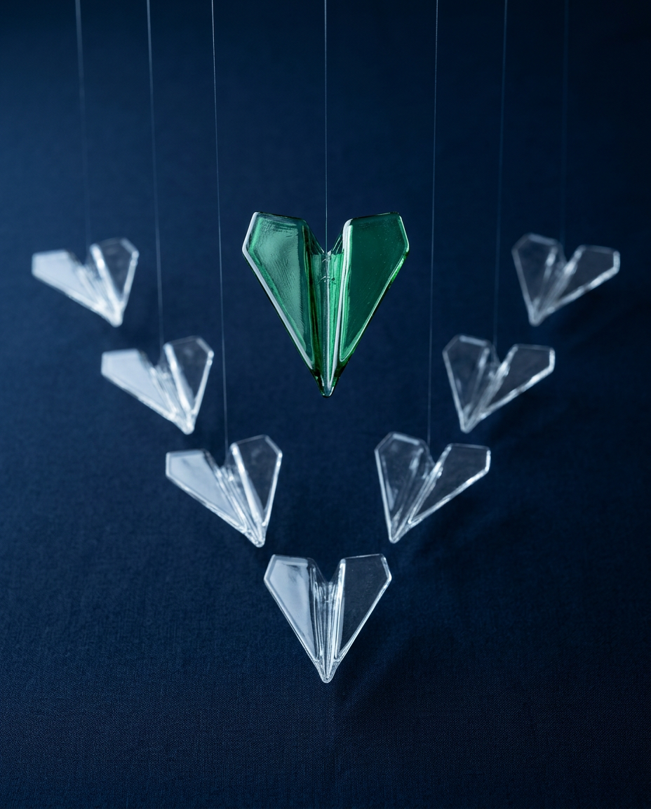 A green glass paper airplane leading a formation of clear glass paper airplanes