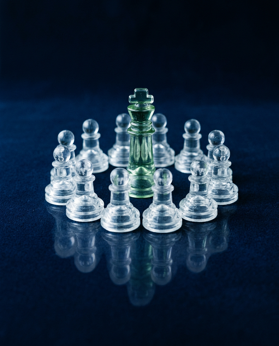 A circle of clear glass pawns gathered around a green glass king