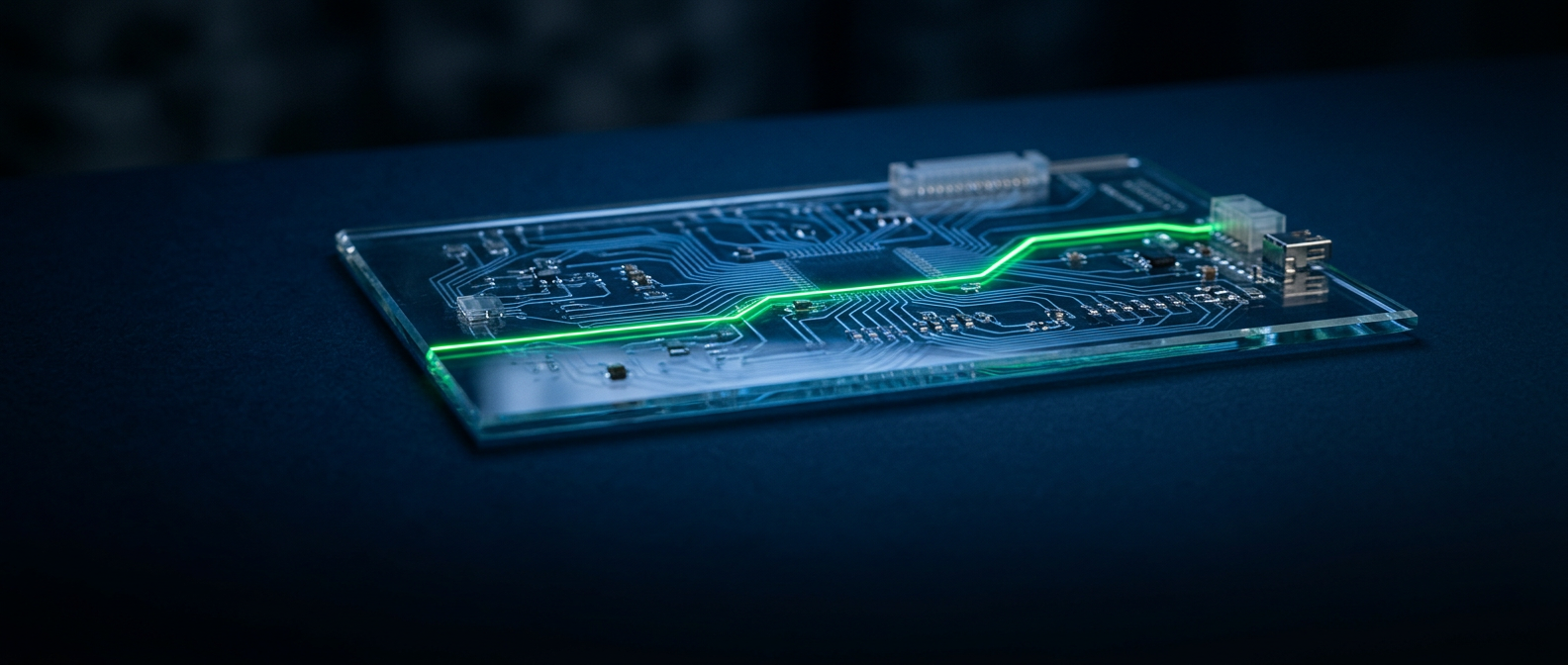 A clear glass circuit panel with one path of green light running across it