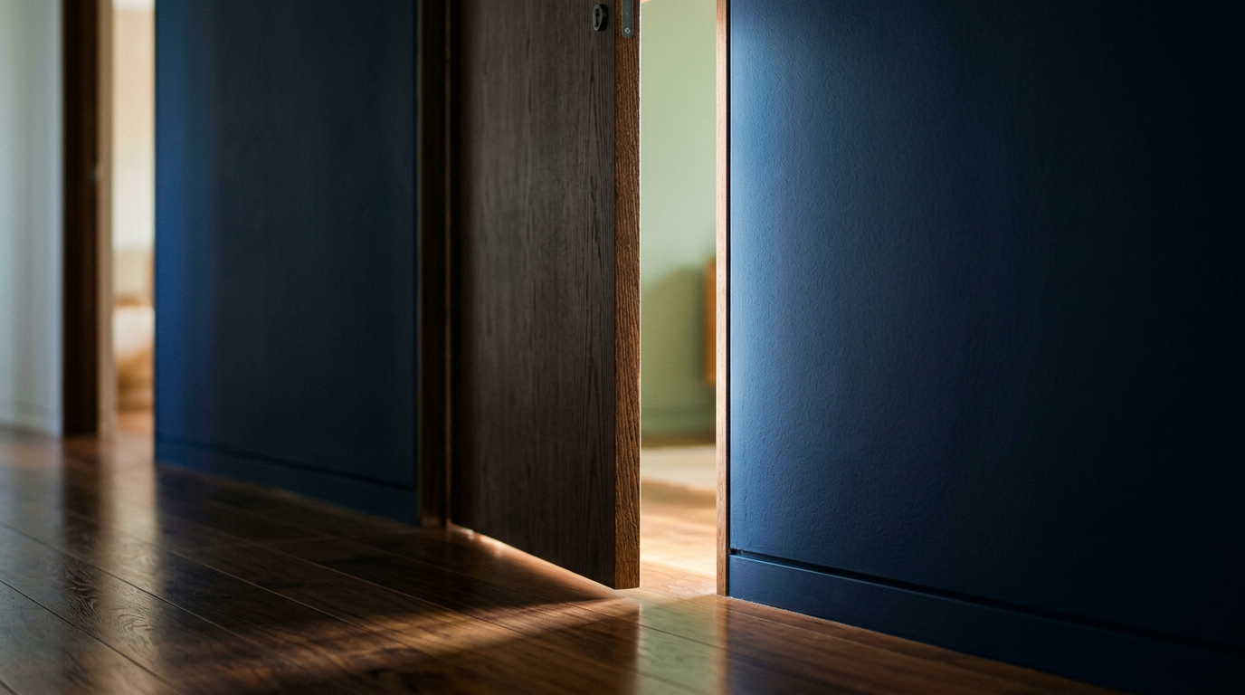 A door standing open in a navy wall with soft light spilling through