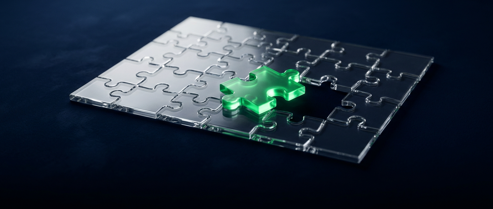 Clear glass puzzle pieces with one glowing green piece sliding into the last open space