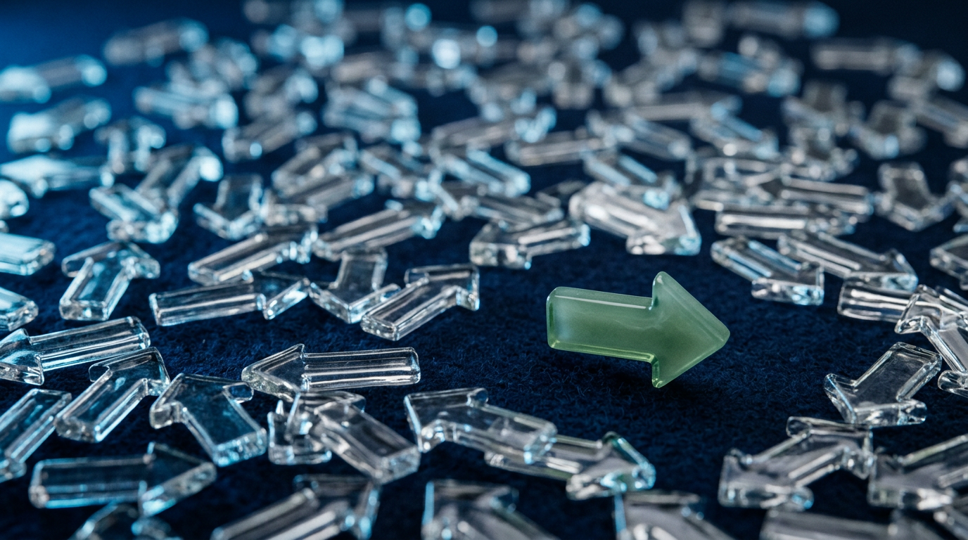 A single green glass arrow pointing forward among scattered clear arrows pointing every direction