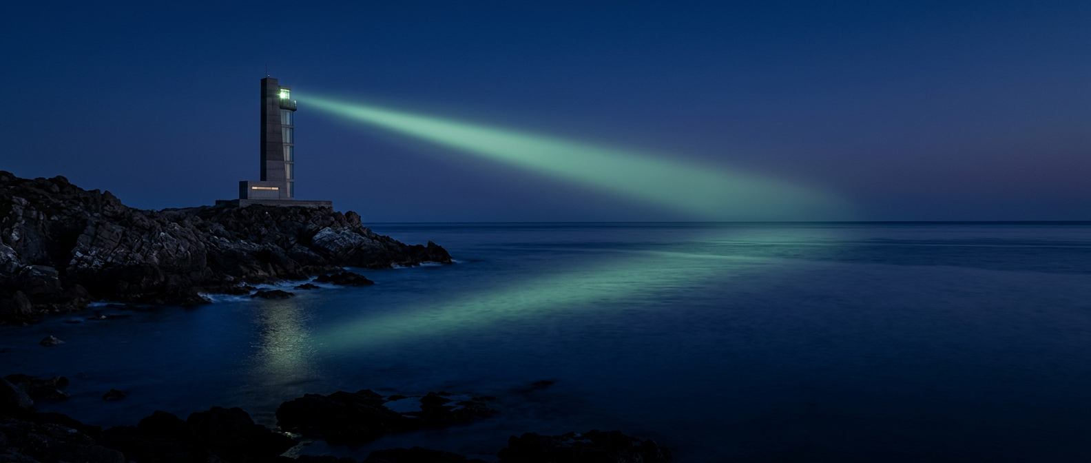 A modern lighthouse at blue hour, its soft green beam sweeping across calm navy water